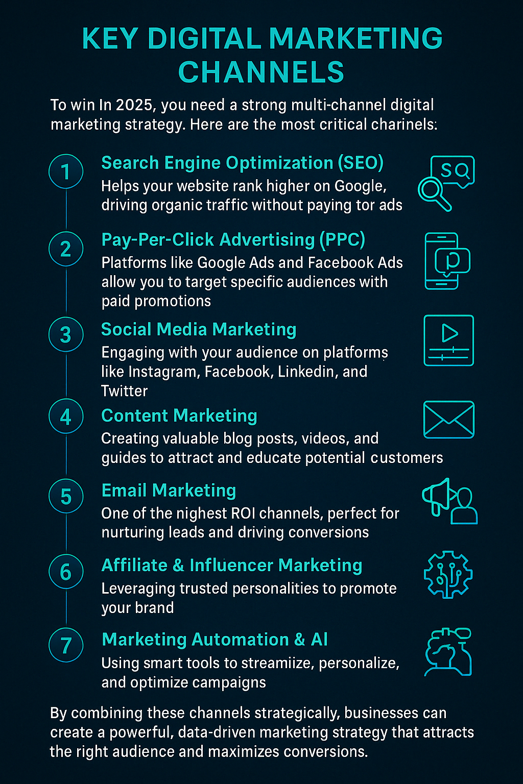 Infographic of 7 key digital marketing channels including SEO, PPC, social, content, email, influencers, and AI